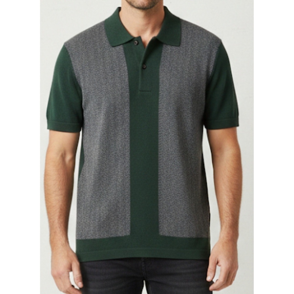 Ben Sherman‎ Knit Shirt Sz L  Green Chevron Button Up Short Sleeve Casual New